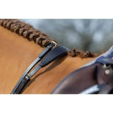 Black leather flexible lemieux soft rubber reins with gold toned buckle and horse mane strap detail