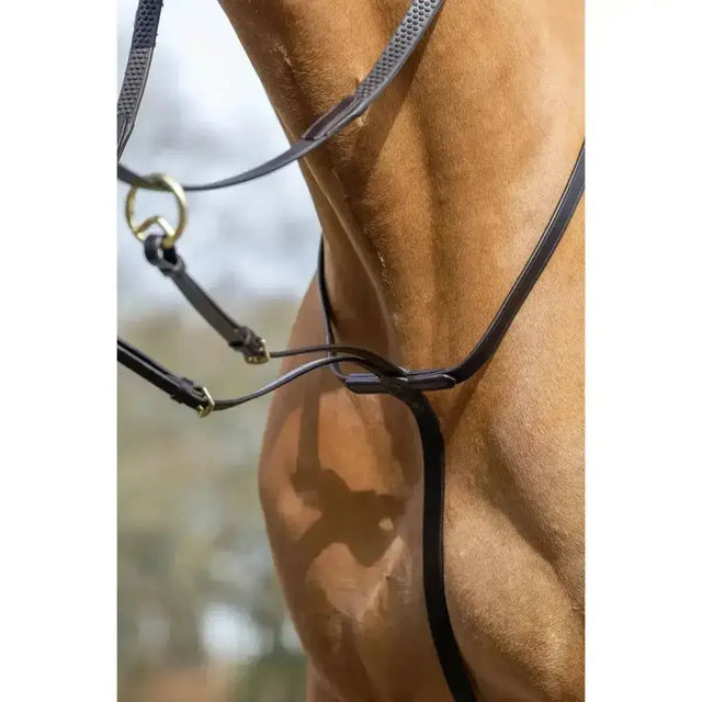 Black leather horse bridle with metallic hardware paired with lemieux soft rubber flexible reins in black