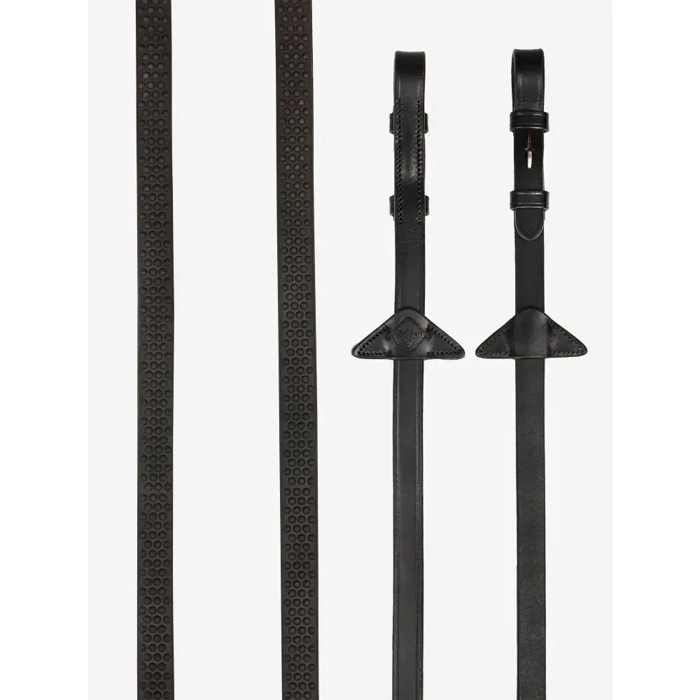 Brown lemieux soft rubber leather reins with pebbled texture and reinforced ends for leather martingale stoppers