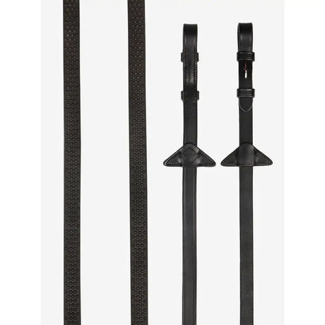 Brown lemieux soft rubber leather reins with pebbled texture and reinforced ends for leather martingale stoppers