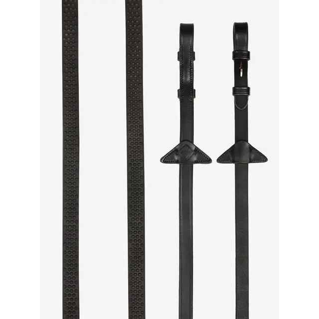 Brown lemieux soft rubber leather reins with pebbled texture and reinforced ends for leather martingale stoppers