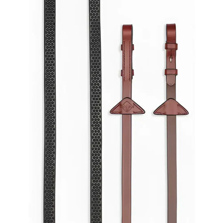 Brown leather lemieux soft rubber reins chestnut silver with stitched triangular ends and subtle embossed logo