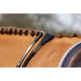 Black leather horse bridle strap with gold buckle part of lemieux soft rubber reins havana brass set