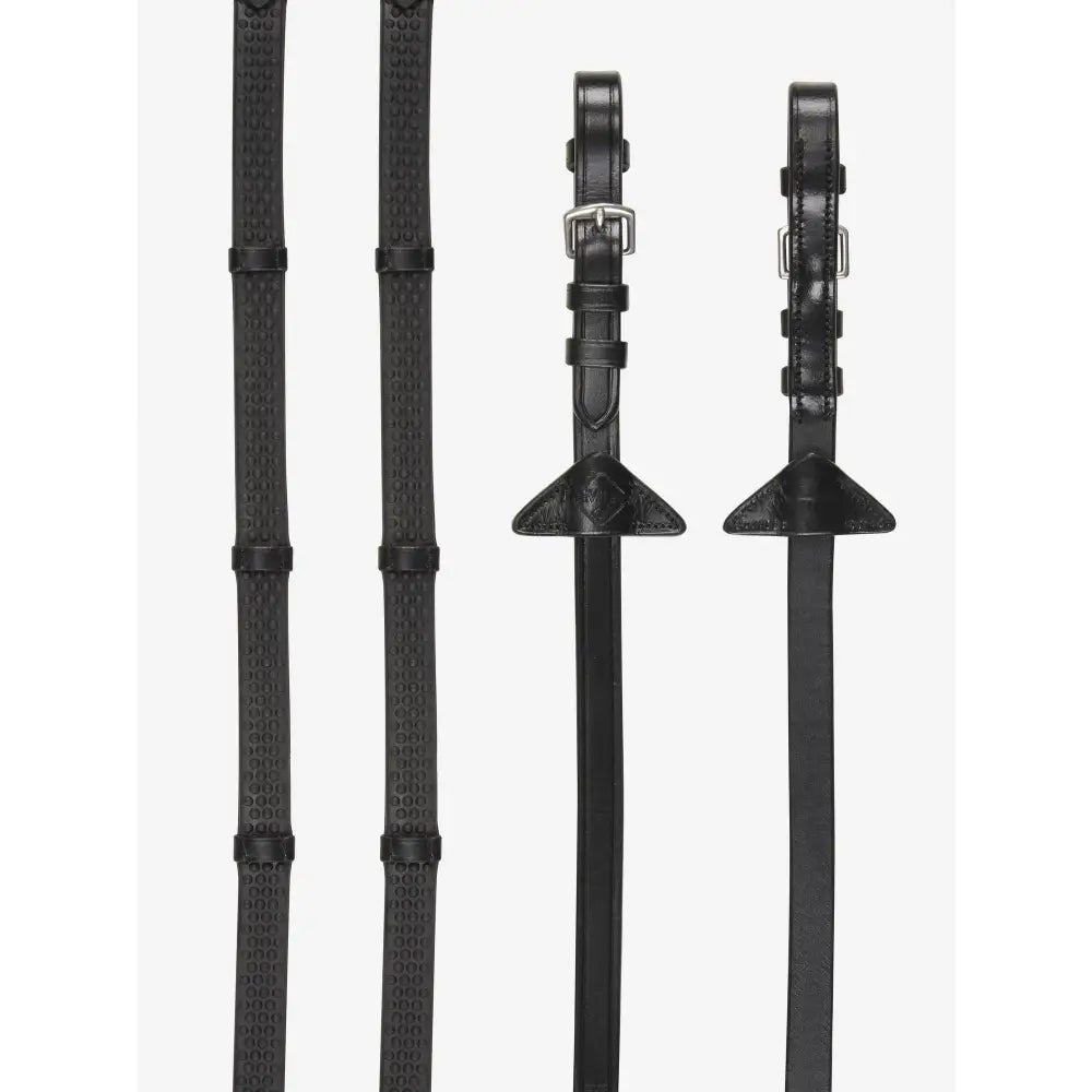 Black leather lemieux soft rubber reins with silver stoppers black silver and nylon lining prevents stretching