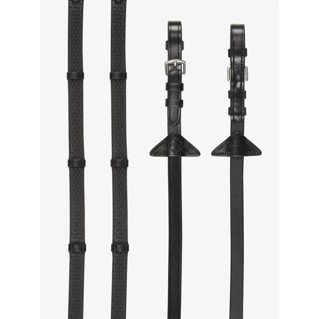 Black leather lemieux soft rubber reins with silver stoppers black silver and nylon lining prevents stretching