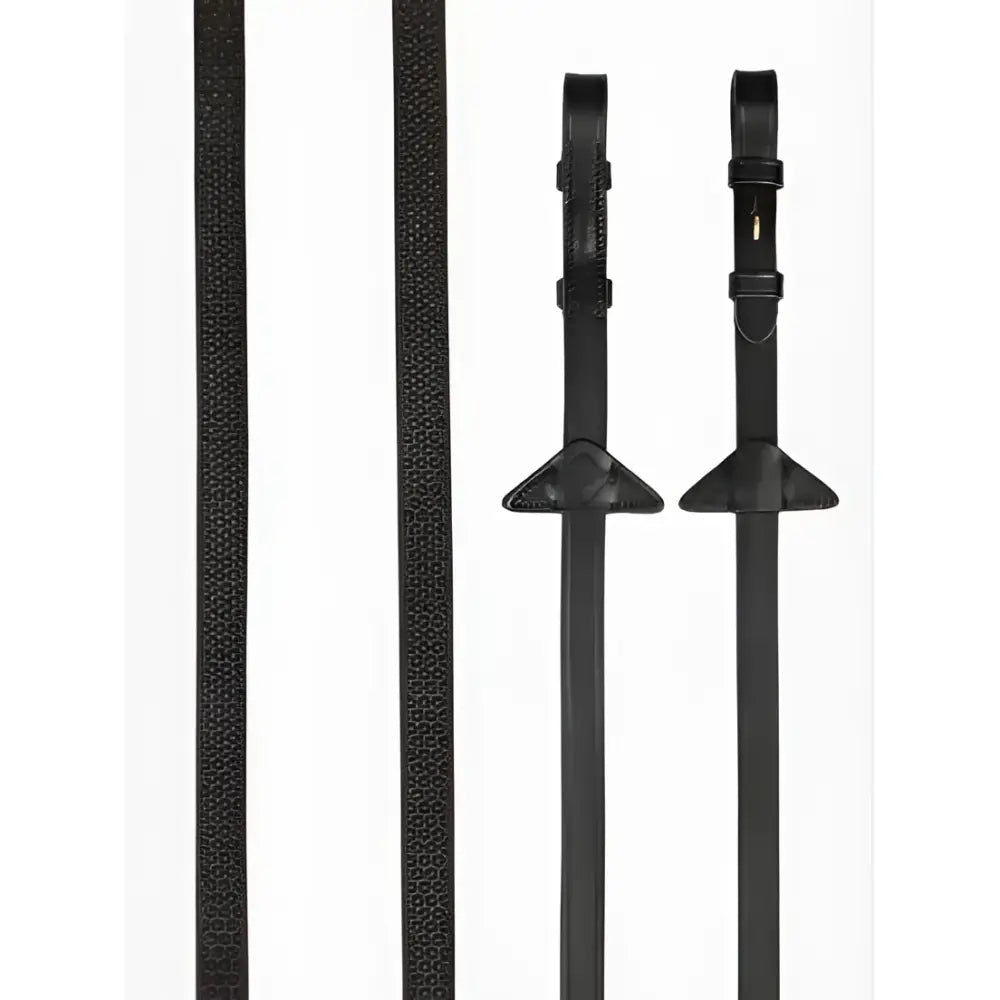 Black leather lemieux soft rubber reins with textured stoppers brown brass and metal hardware for horse riding