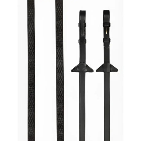 Black leather lemieux soft rubber reins with textured stoppers brown brass and metal hardware for horse riding