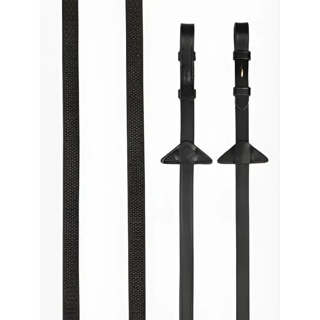 Black leather lemieux soft rubber reins with textured stoppers brown brass and metal hardware for horse riding