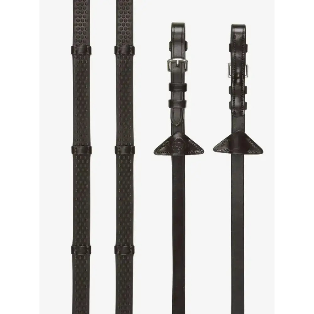 Black leather lemieux soft rubber reins with stoppers brown silver and nylon lining prevents stretching and slipping