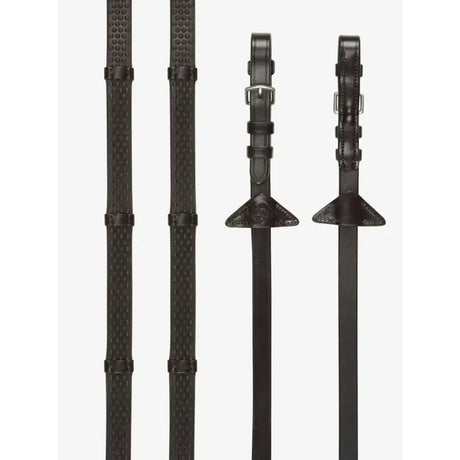 Black leather lemieux soft rubber reins with stoppers brown silver and nylon lining prevents stretching and slipping