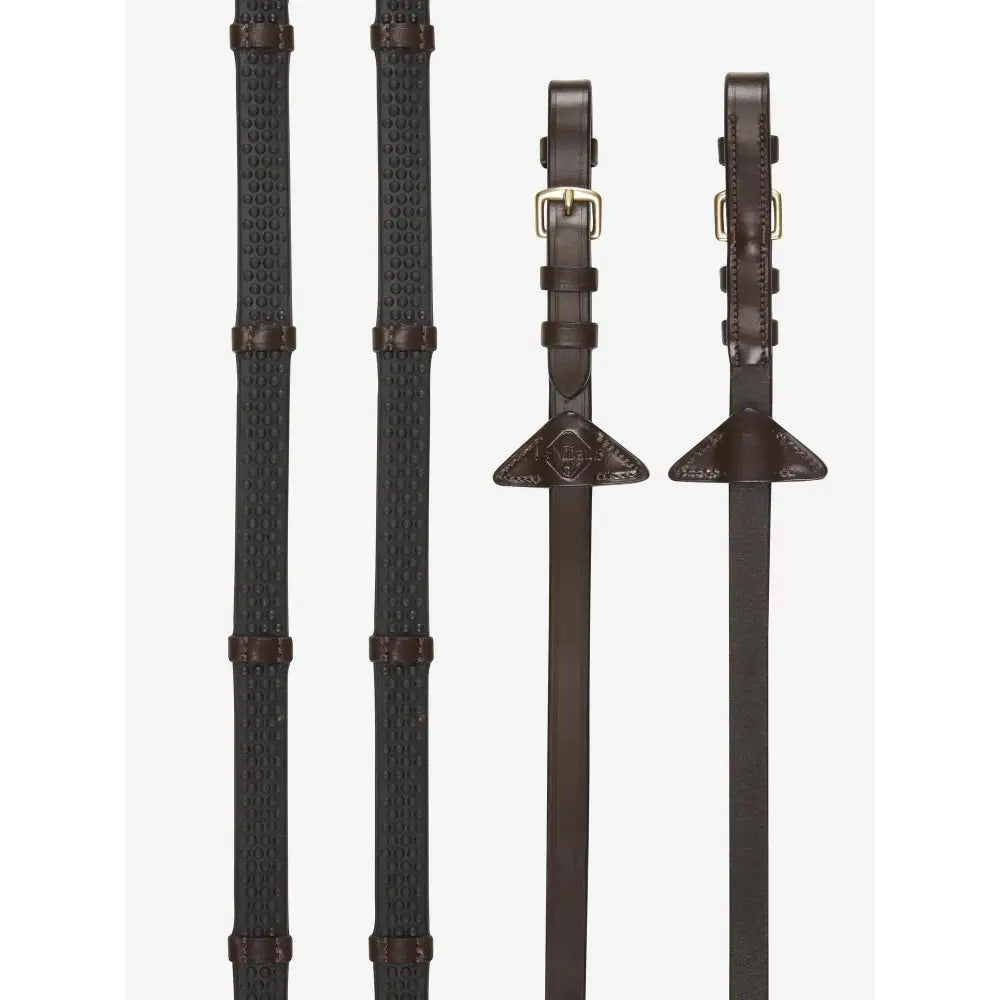 Black leather lemieux soft rubber reins with havana brass stoppers textured grip and nylon lining prevents stretching