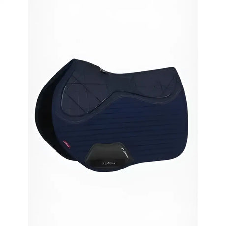Navy blue quilted lemieux soft shell anti slip eurojump square horse saddle pad with black trim and logo patch