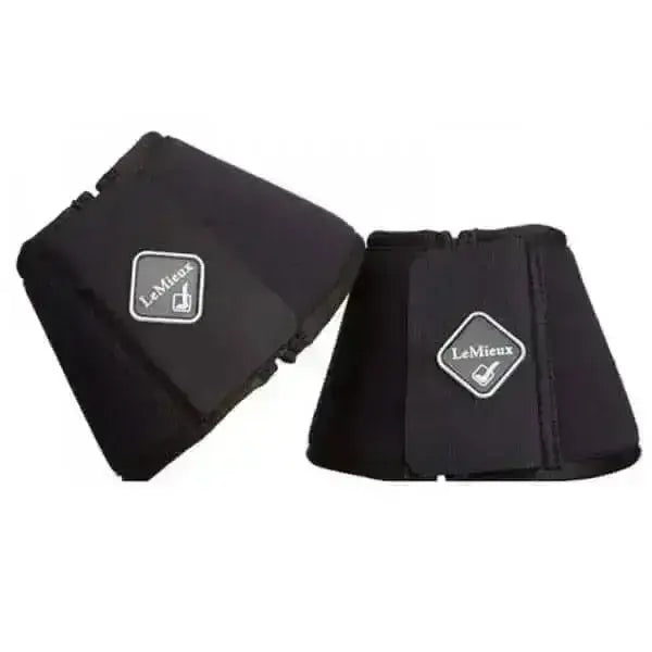 Black lemieux soft shell over reach boots showing back with diamond shaped logo patch for hoof protection