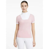 A soft pink and white lemieux sophia short sleeve pleated equestrian top with high collar zipper detail