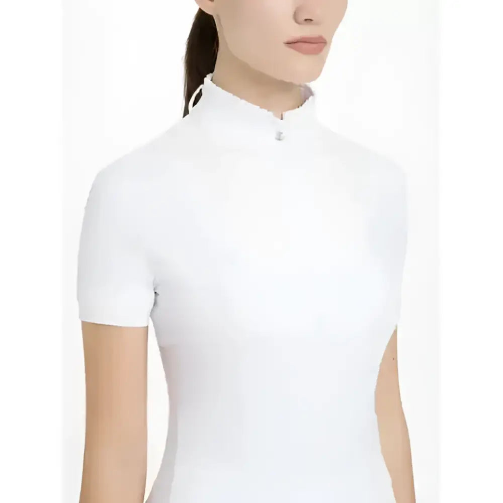 White lemieux sophia short sleeve pleated riding shirt with high collar and front zipper detail