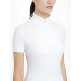 White lemieux sophia short sleeve pleated riding shirt with high collar and front zipper detail