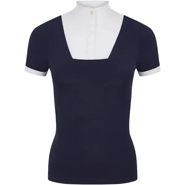 Navy blue short sleeve polo shirt by lemieux with white collar and cuffs perfect to achieve peak presentation and beautiful neck detailing