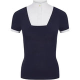 Navy blue short sleeve polo shirt by lemieux with white collar and cuffs perfect to achieve peak presentation and beautiful neck detailing