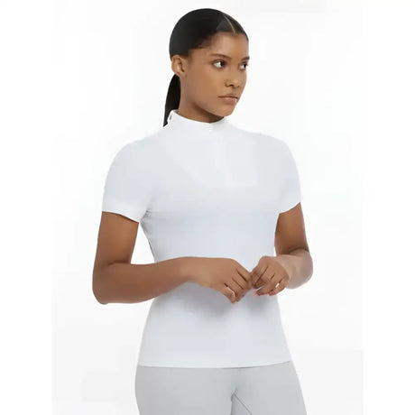 LeMieux Sophia white short sleeve show shirt with beautiful neck detailing to achieve peak presentation