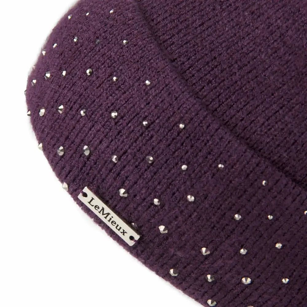 A deep purple lemieux sparkle beanie with silver rhinestones style rib knit and soft micro fleece lining