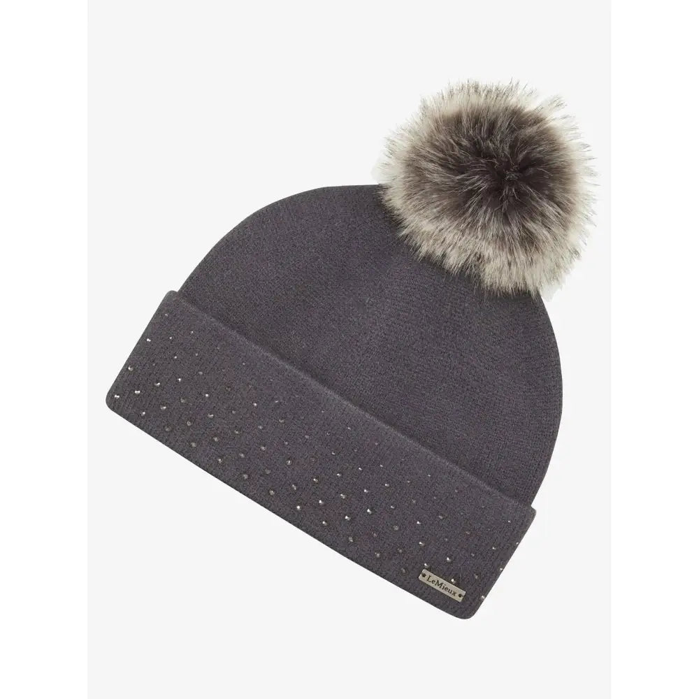 Dark gray knit lemieux sparkle beanie with fluffy multi-toned fur pom-pom and silver glitter accents on brim