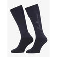 Black knee-high sparkle competition sock with navy le coq sportif logo in rhinestones for close contact competition