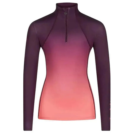 Women’s long-sleeved high-neck spectrum base layer aubergine papaya with gradient color and zippered neckline