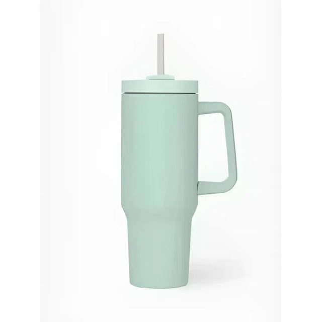 A sleek mint green lemieux sports cup aqua insulated tumbler with white straw handle and minimalist measurement markings