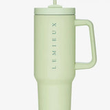 Mint green lemieux sports cup macaron insulated travel mug with handle straw and lemieux embossed on the side
