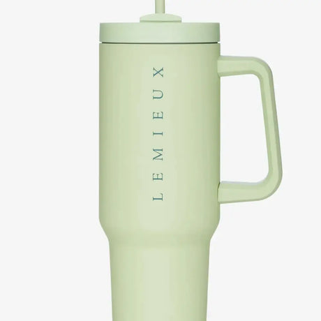 Mint green lemieux sports cup macaron insulated travel mug with handle straw and lemieux embossed on the side
