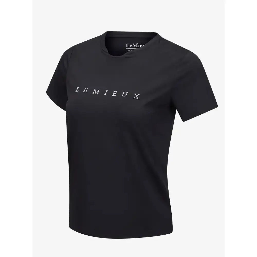 Black lemieux sports t-shirt with white logo, relaxed-fit design, and sweat-wicking fabric for active wear