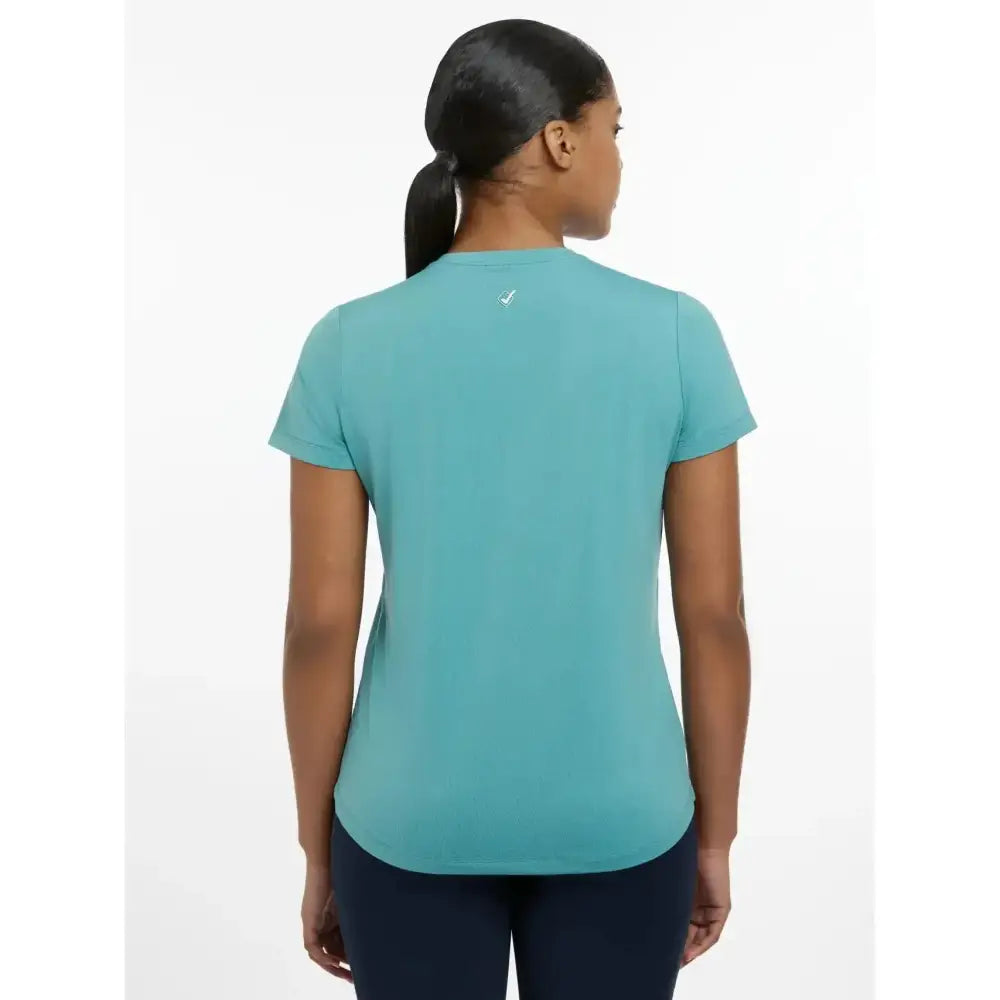 Back view of lemieux sports t-shirt lagoon in teal with rounded neckline and subtle logo perfect for equestrian use