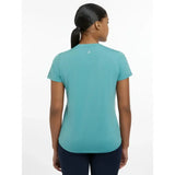 Back view of lemieux sports t-shirt lagoon in teal with rounded neckline and subtle logo perfect for equestrian use