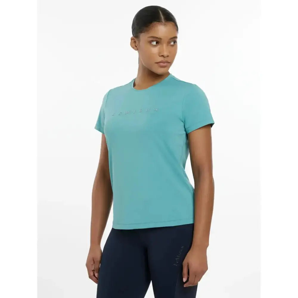 Teal lemieux sports t-shirt with short sleeves and subtle logo perfect for equestrian and athletic use