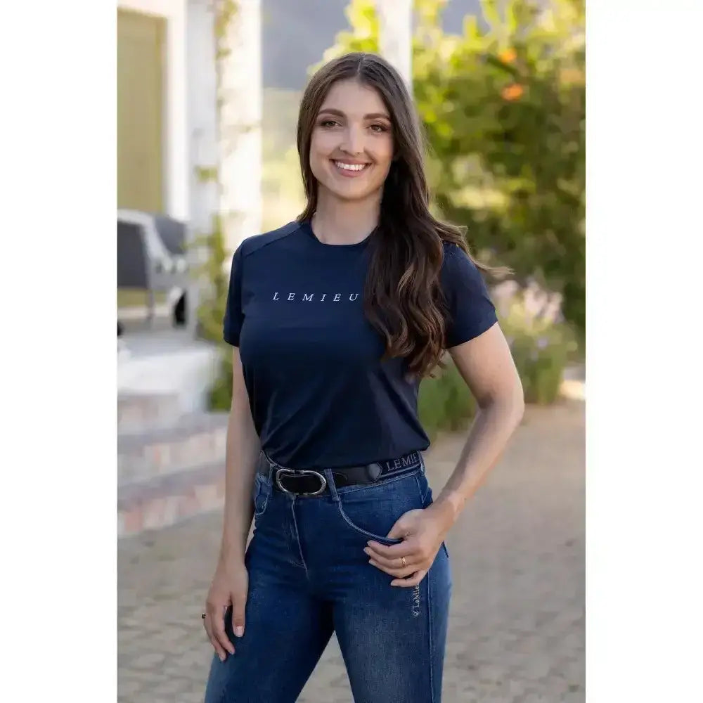 Navy blue lemieux sports t-shirt with white embroidery short sleeves relaxed fit and sweat-wicking fabric