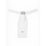 White fabric judge’s robe with black collar trim and subtle lemieux sporty stock logo in sporty stock white color