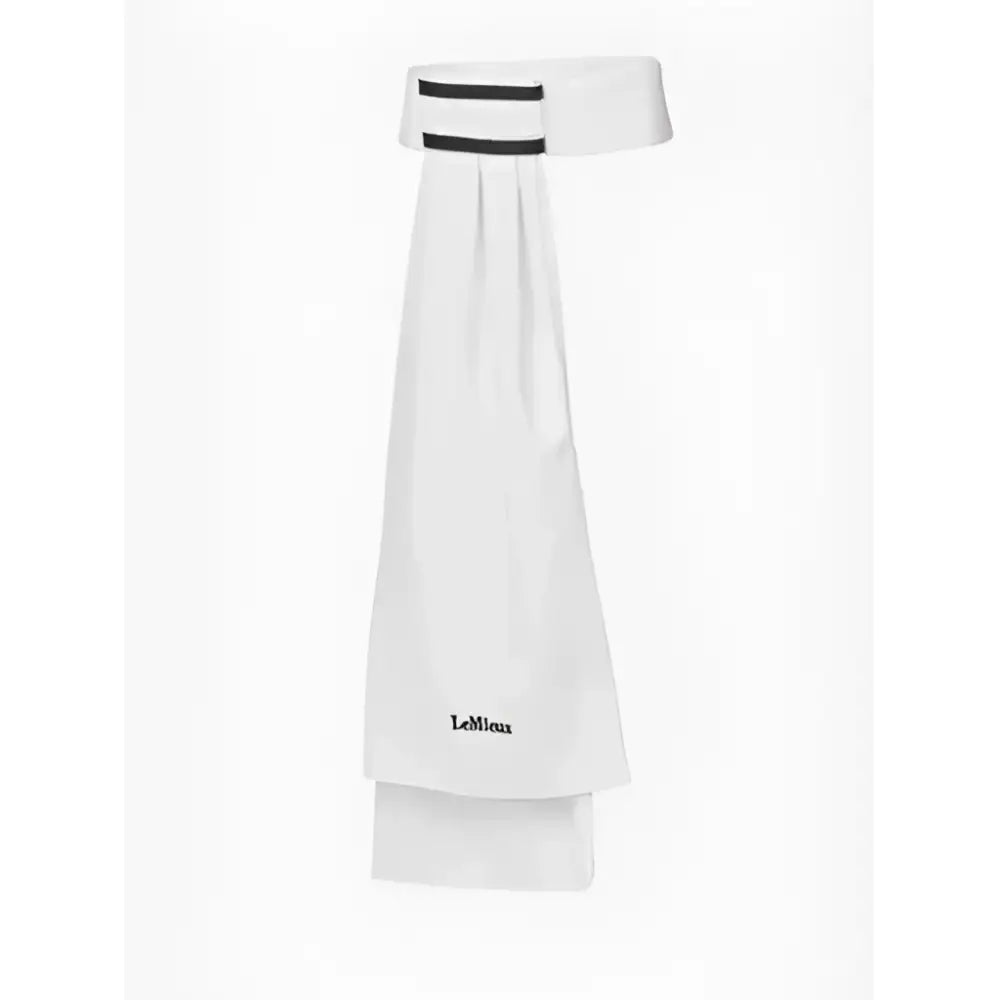 White pleated skirt with black stripes at waistband and lemieux sporty embroidered near hem sporty stock white