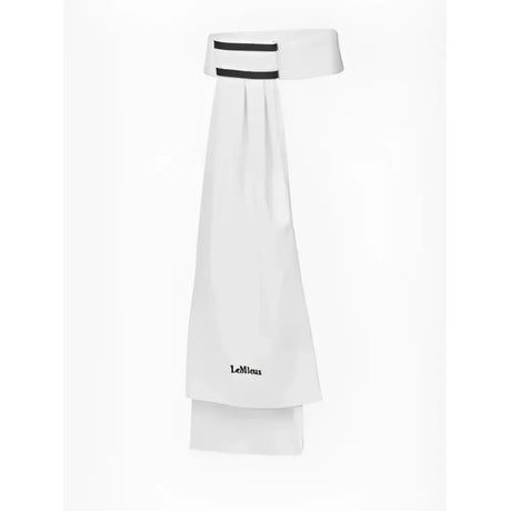 White pleated skirt with black stripes at waistband and lemieux sporty embroidered near hem sporty stock white