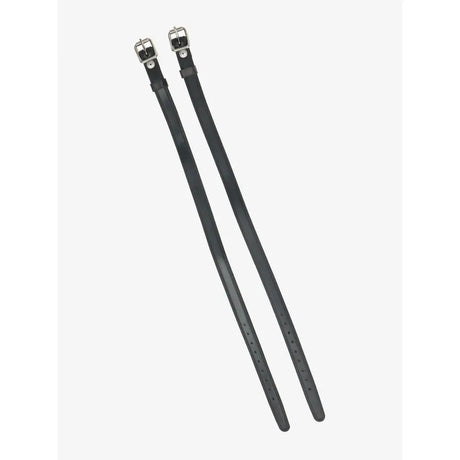 Black leather lemieux spur straps with silver metal buckles designed for horse riding boots and wipe-clean rubber spurs