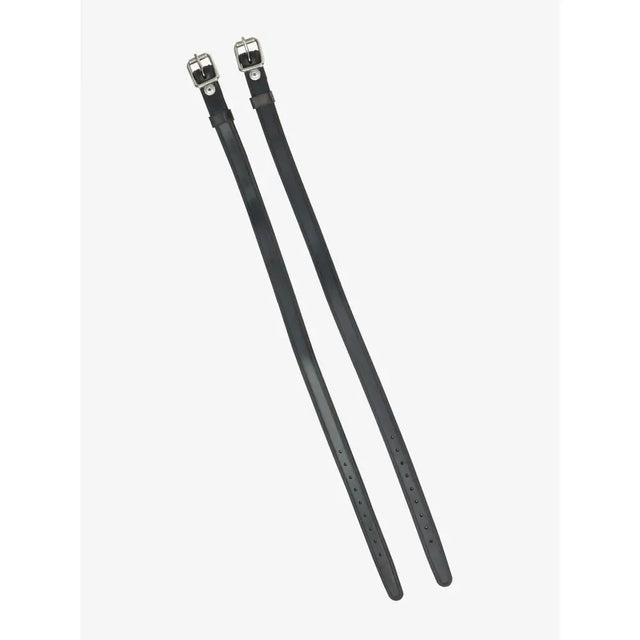 Black leather lemieux spur straps with silver metal buckles designed for horse riding boots and wipe-clean rubber spurs