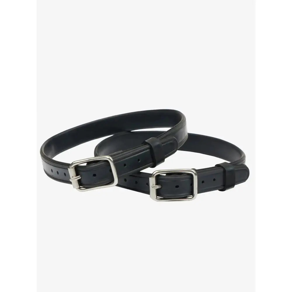 Black leather lemieux spur straps with silver horsebit buckle for horse riding boots and wipe-clean rubber spur use