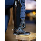 Black patent leather lemieux spur straps riding boot with glossy finish and decorative stitching for horse riding boots