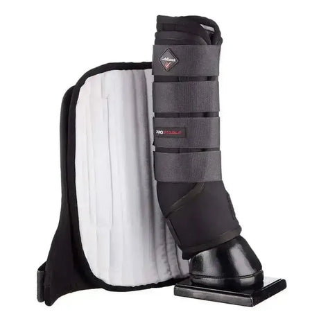 Black and gray leather lemieux stable boots with white padded interior adjustable straps and diamond logo