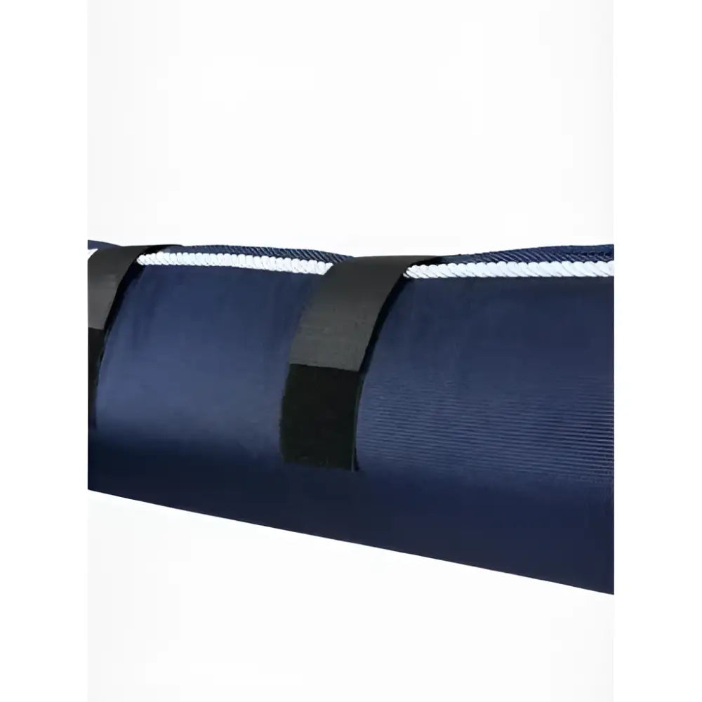 Navy blue lemieux stable head fabric case with black velcro straps and white rope trim for head protector navy