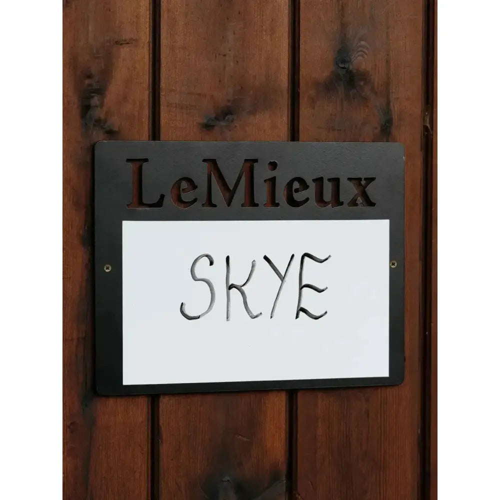 Black lemieux stable magnetic whiteboard features lemieux cutout and skye handwritten name on white panel