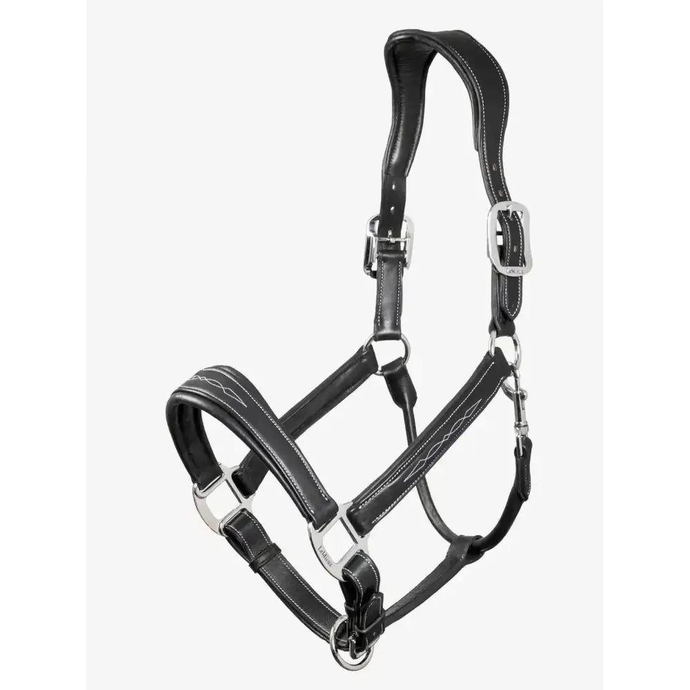 Lemieux stitched leather padded leather headcollar black with silver hardware and white stitching for horses