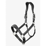 Lemieux stitched leather padded leather headcollar black with silver hardware and white stitching for horses