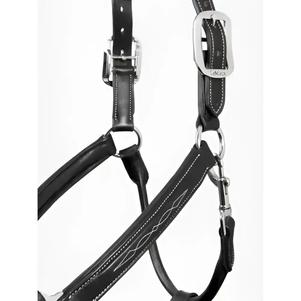 Lemieux stitched leather black leather headcollar with silver hardware white stitching padded leather headcollar black