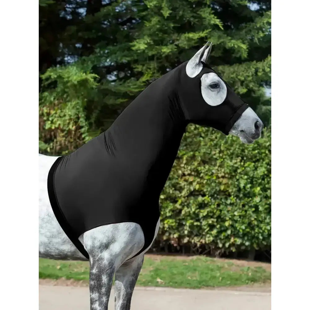 Black lemieux stretch hood made of stretchy fabric with white eye openings and adjustable belly strap technically crafted