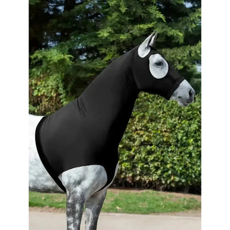 Black lemieux stretch hood made of stretchy fabric with white eye openings and adjustable belly strap technically crafted